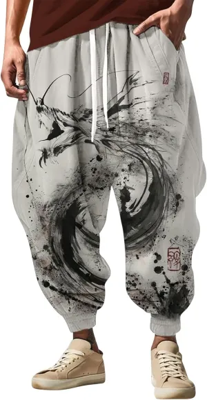 Men's Linen Harem Drawstring Pants Men's Autumn Fun Print Fashion Street Feel Casual Loose Drop Crotch Trousers Gym