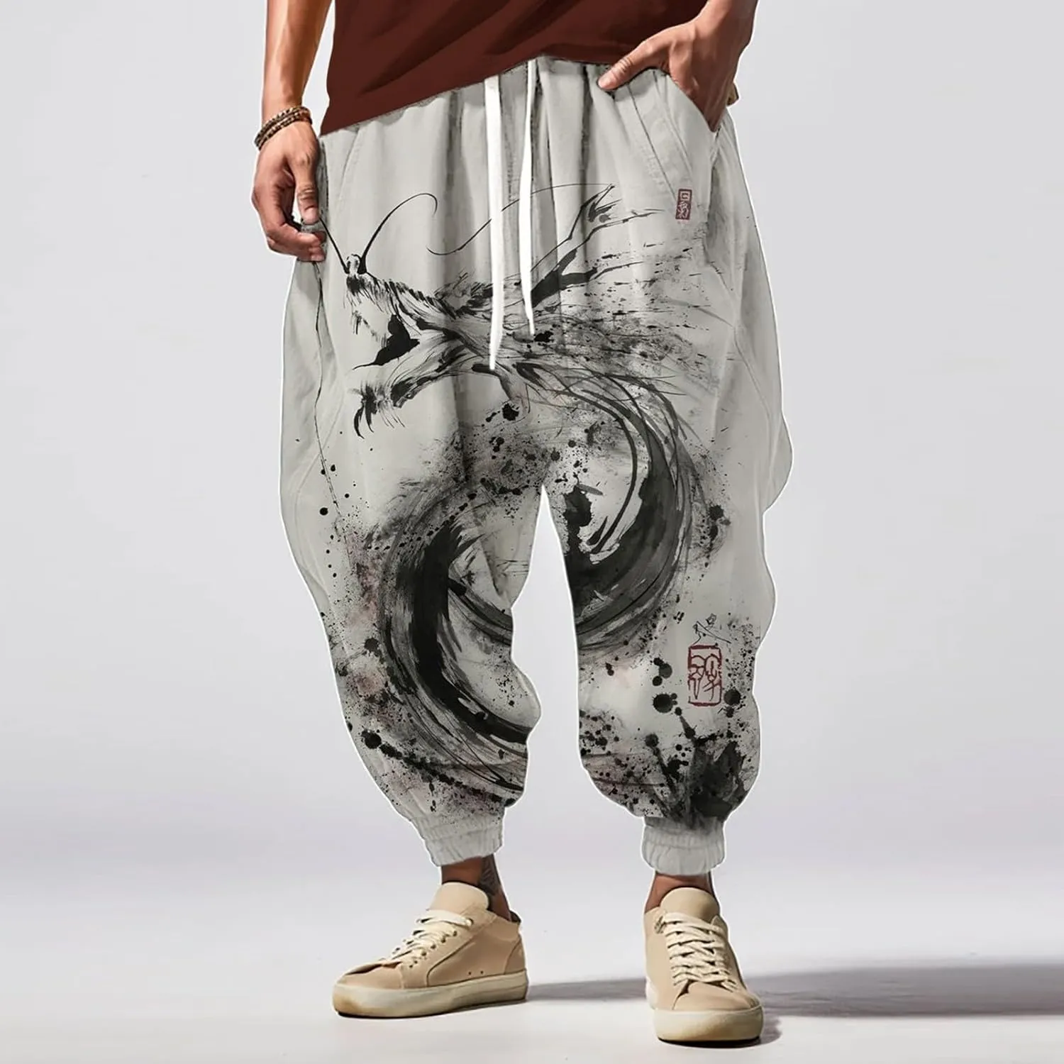 Men's Linen Harem Drawstring Pants Men's Autumn Fun Print Fashion Street Feel Casual Loose Drop Crotch Trousers Gym