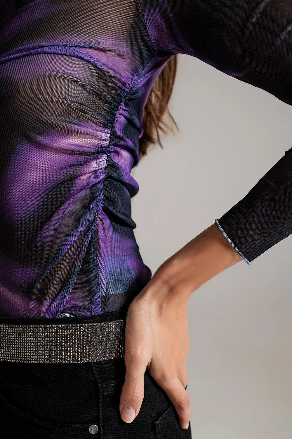 Mesh Ruched Abstract Purple Print Top