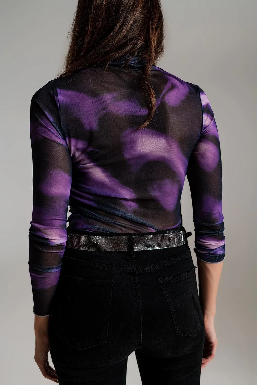Mesh Ruched Abstract Purple Print Top