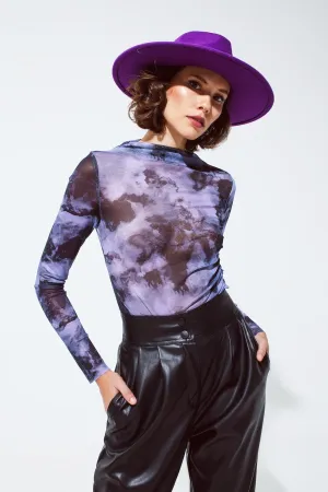 Mesh Ruched Abstract Purple Print Top