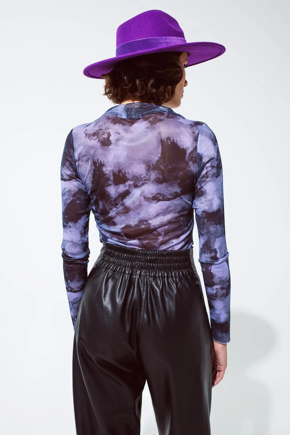 Mesh Ruched Abstract Purple Print Top