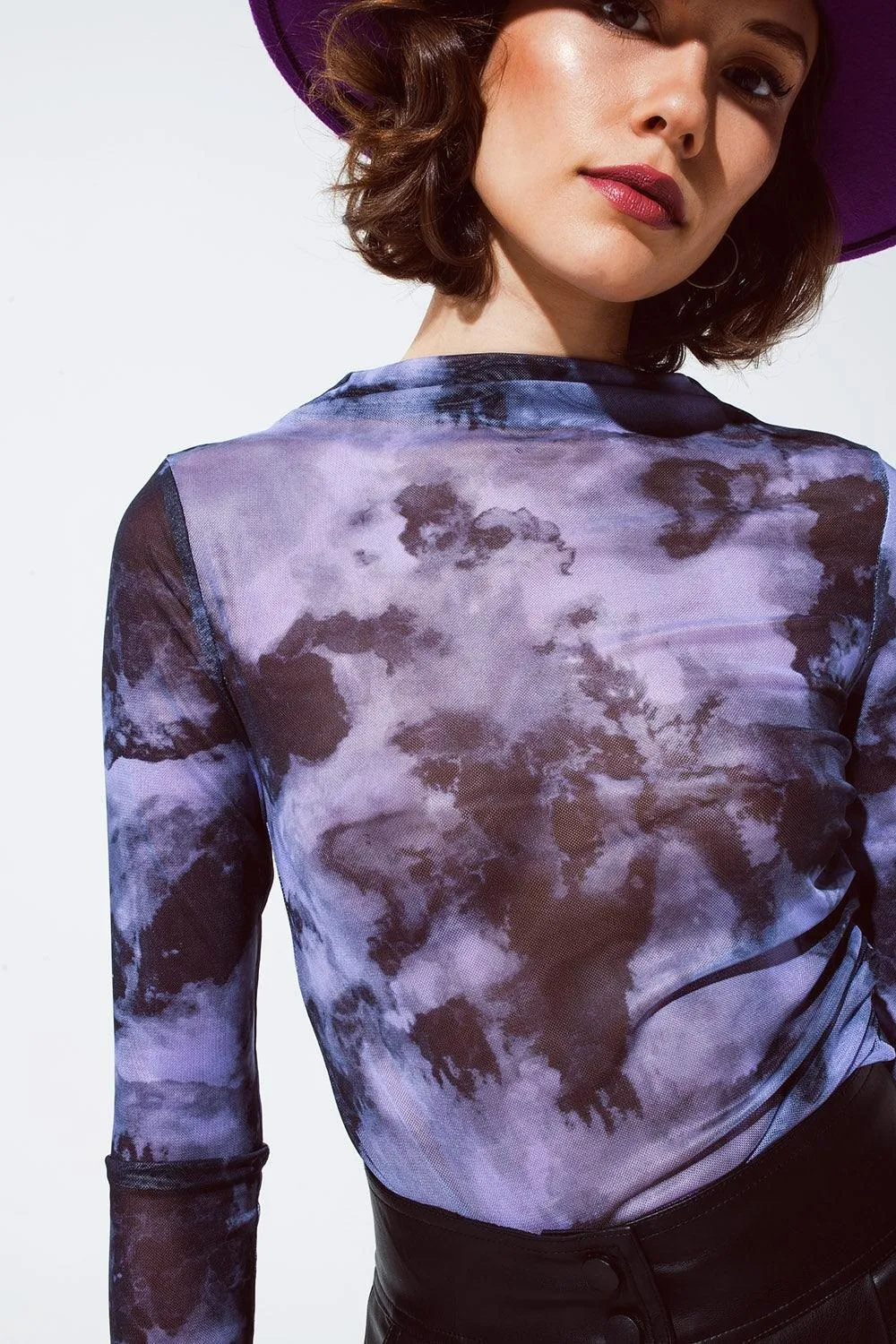 Mesh Ruched Abstract Purple Print Top