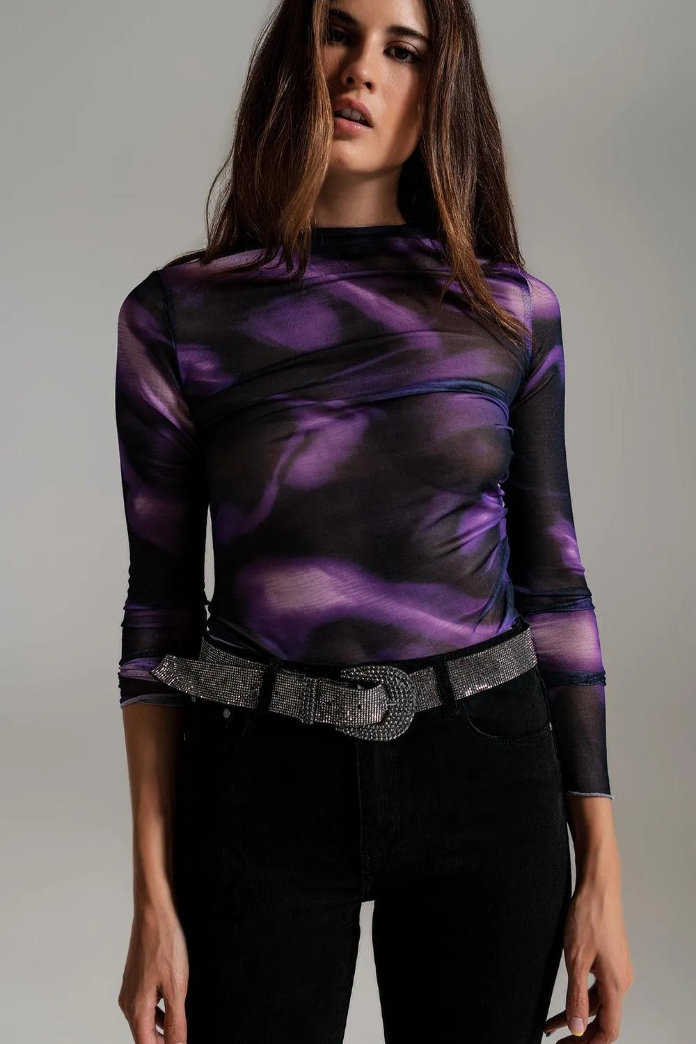 Mesh Ruched Abstract Purple Print Top
