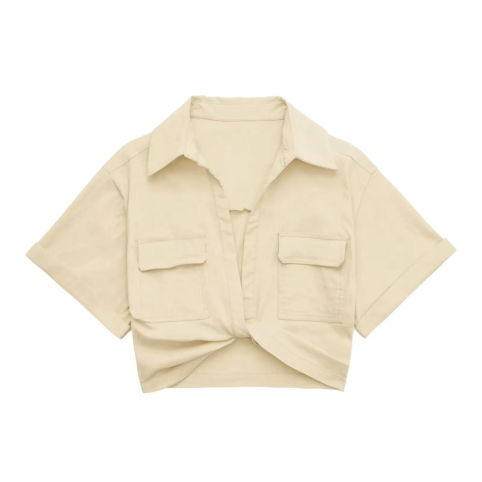 NORPOJIN - Original 2022 Fashion Cropped Shirt Women Wide Short Sleeves V-Neck Blouse Female Chic Lady Summer Linen Texture Elastic Crop Top