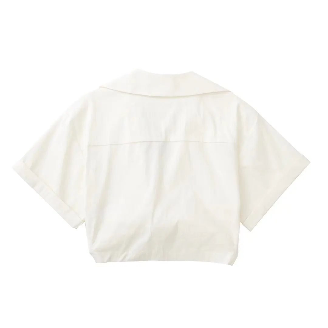 NORPOJIN - Original 2022 Fashion Cropped Shirt Women Wide Short Sleeves V-Neck Blouse Female Chic Lady Summer Linen Texture Elastic Crop Top