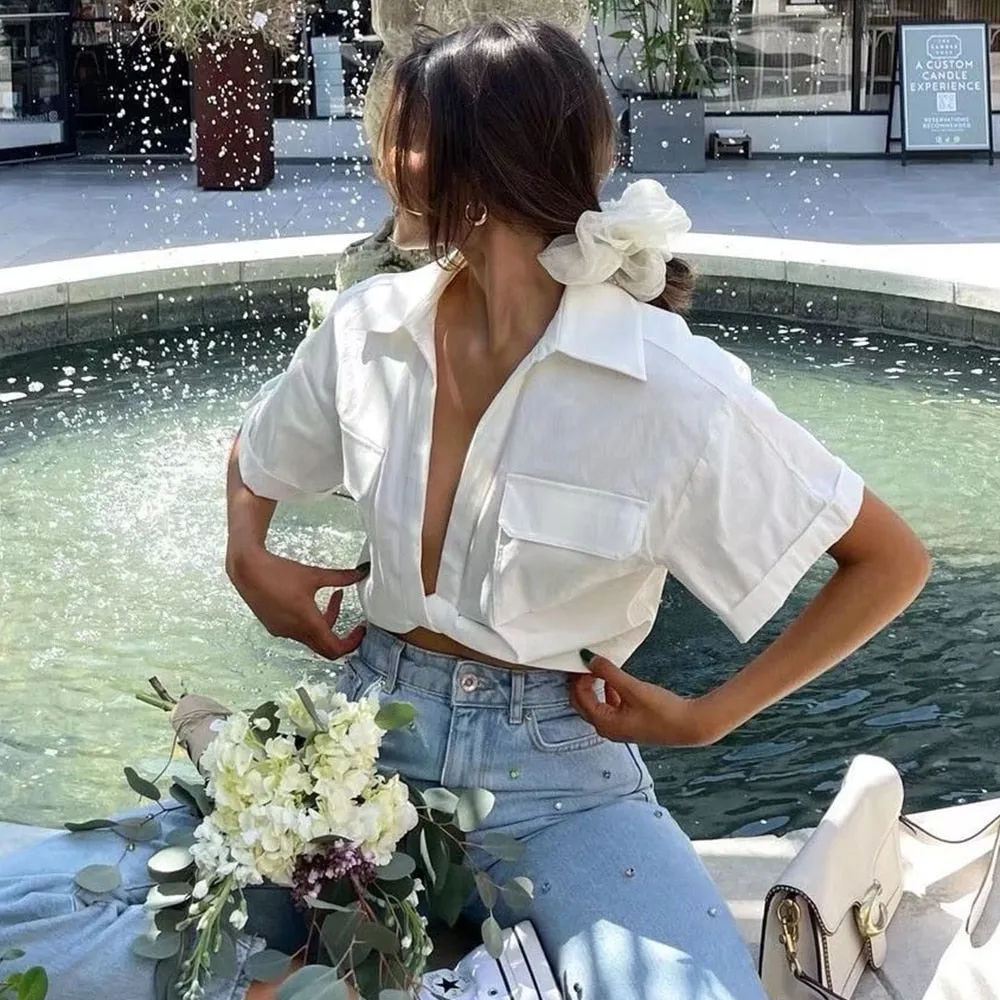 NORPOJIN - Original 2022 Fashion Cropped Shirt Women Wide Short Sleeves V-Neck Blouse Female Chic Lady Summer Linen Texture Elastic Crop Top