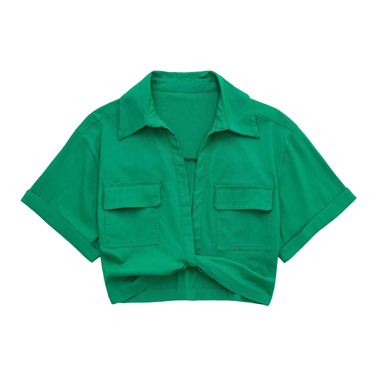 NORPOJIN - Original 2022 Fashion Cropped Shirt Women Wide Short Sleeves V-Neck Blouse Female Chic Lady Summer Linen Texture Elastic Crop Top