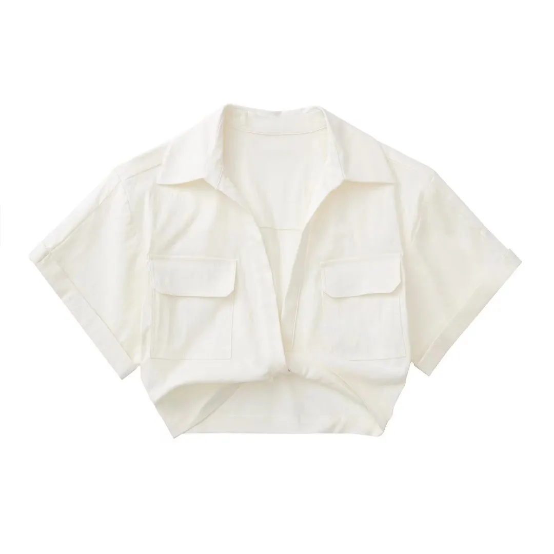 NORPOJIN - Original 2022 Fashion Cropped Shirt Women Wide Short Sleeves V-Neck Blouse Female Chic Lady Summer Linen Texture Elastic Crop Top
