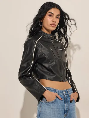 Nuon Black Text Design Faux-Leather Crop Jacket