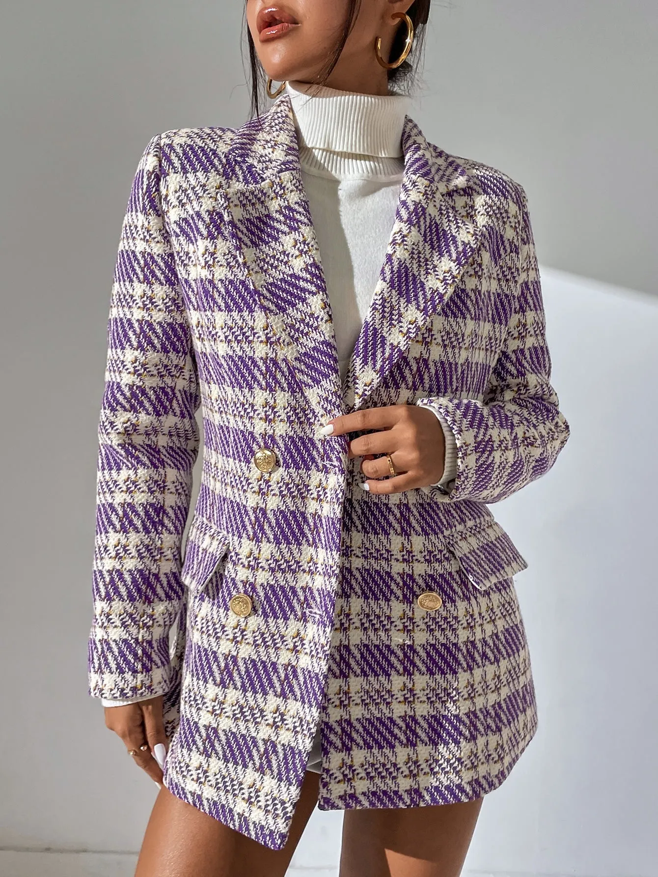 Plaid Lapel Neck Double Breasted Blazer