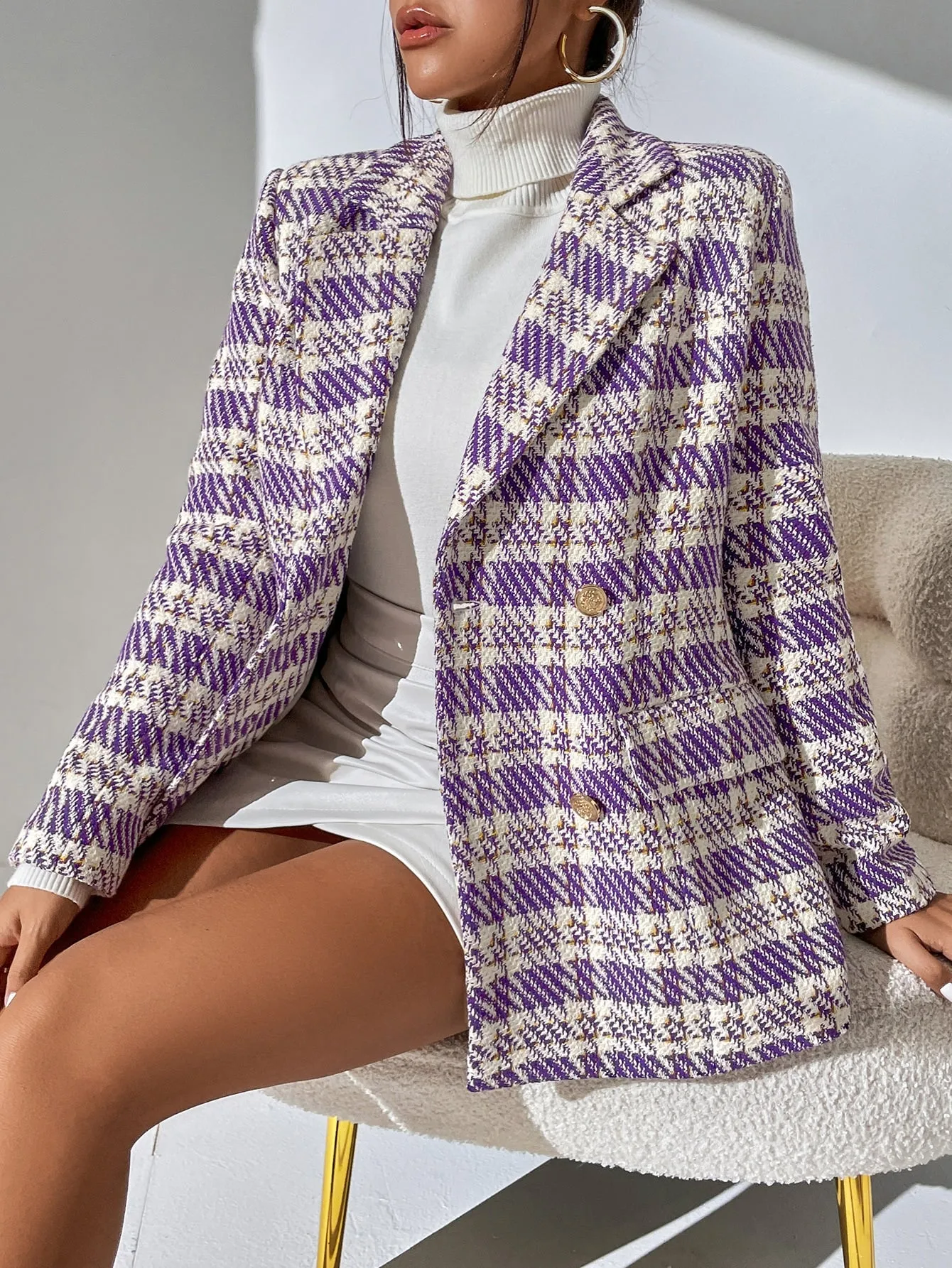 Plaid Lapel Neck Double Breasted Blazer