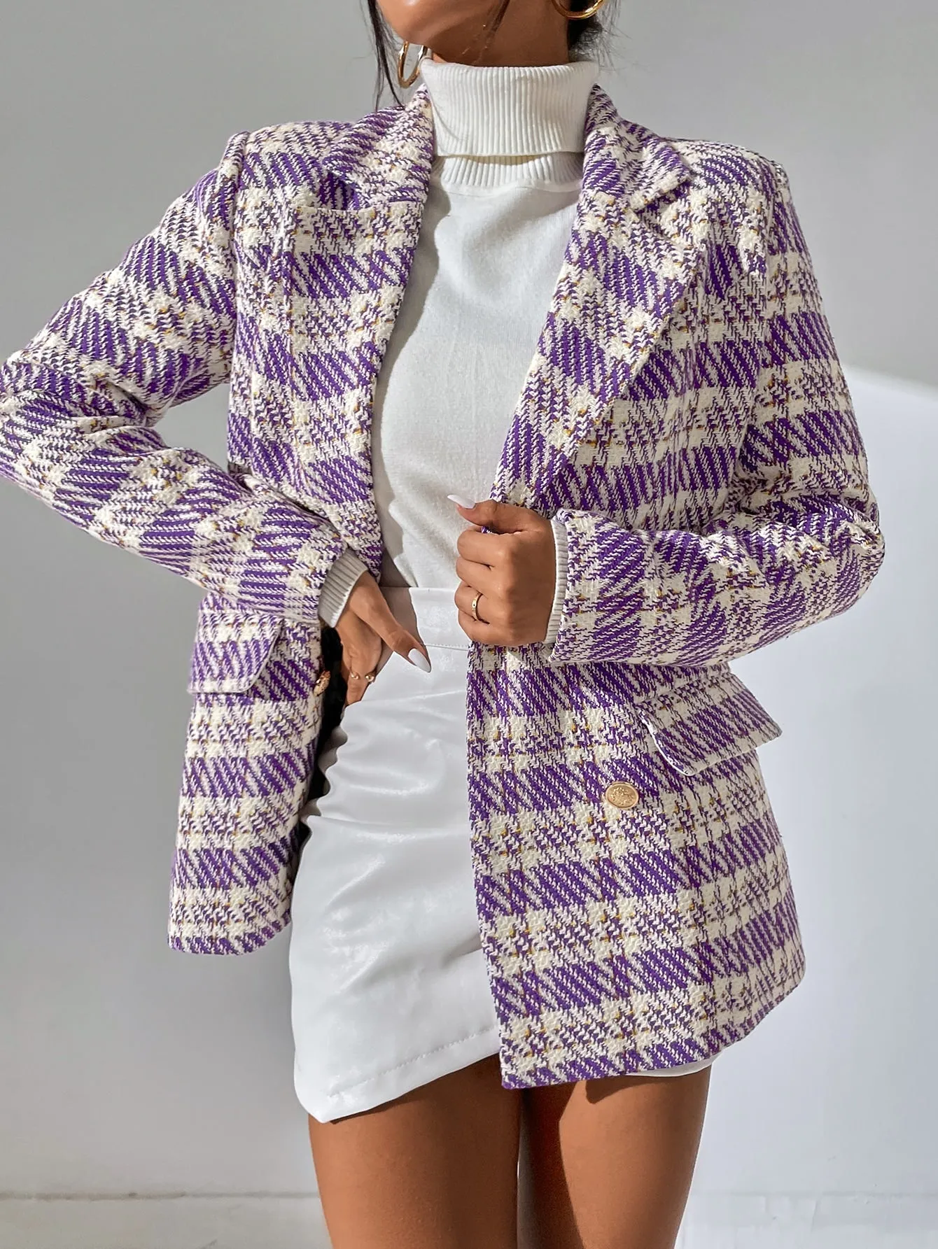 Plaid Lapel Neck Double Breasted Blazer