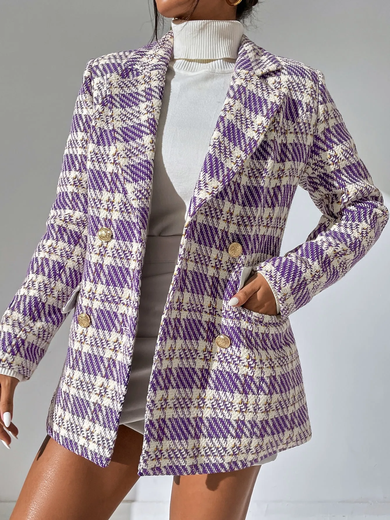 Plaid Lapel Neck Double Breasted Blazer