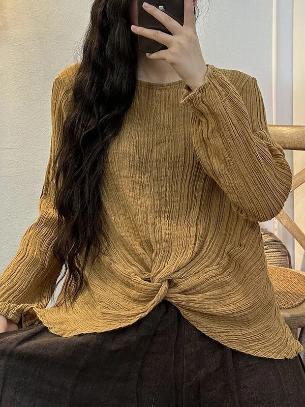 Pleated Solid Color Long Sleeves Loose Round-neck Blouses&shirts Tops