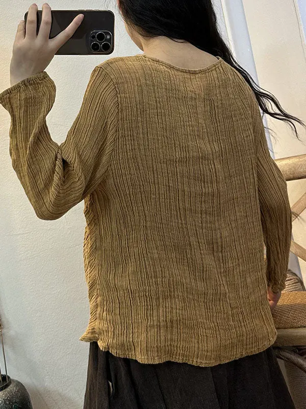 Pleated Solid Color Long Sleeves Loose Round-neck Blouses&shirts Tops