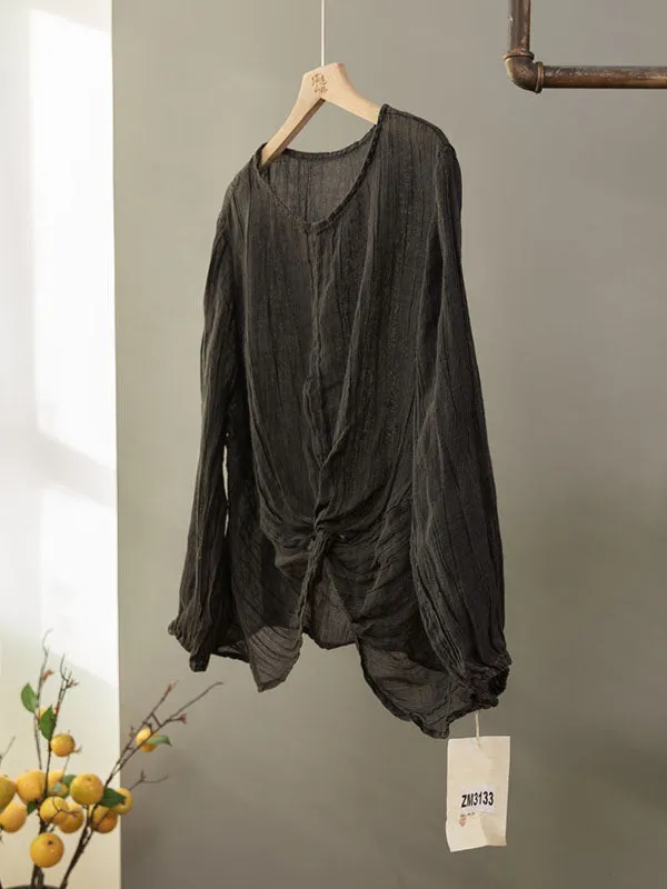 Pleated Solid Color Long Sleeves Loose Round-neck Blouses&shirts Tops