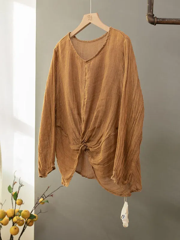 Pleated Solid Color Long Sleeves Loose Round-neck Blouses&shirts Tops