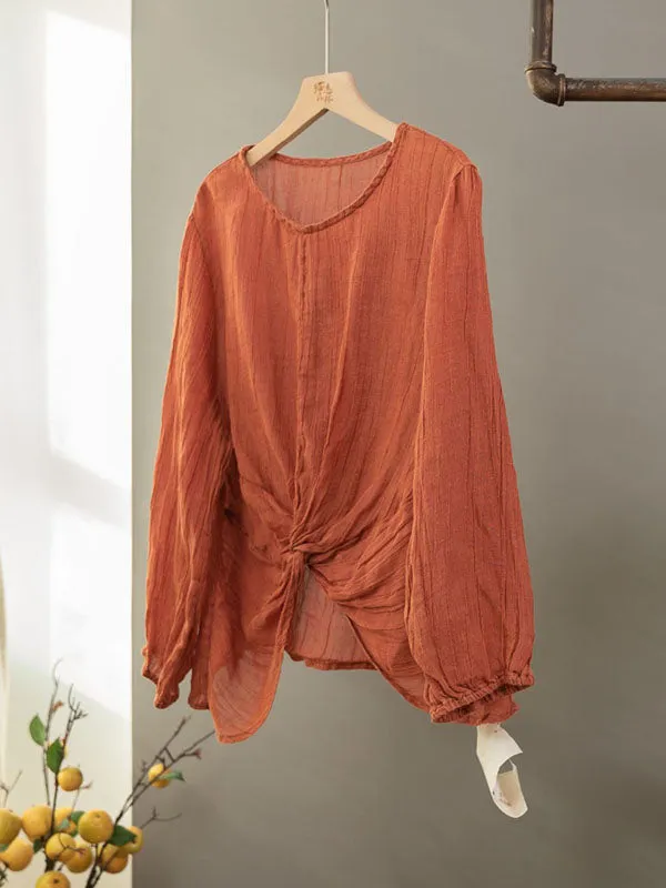 Pleated Solid Color Long Sleeves Loose Round-neck Blouses&shirts Tops