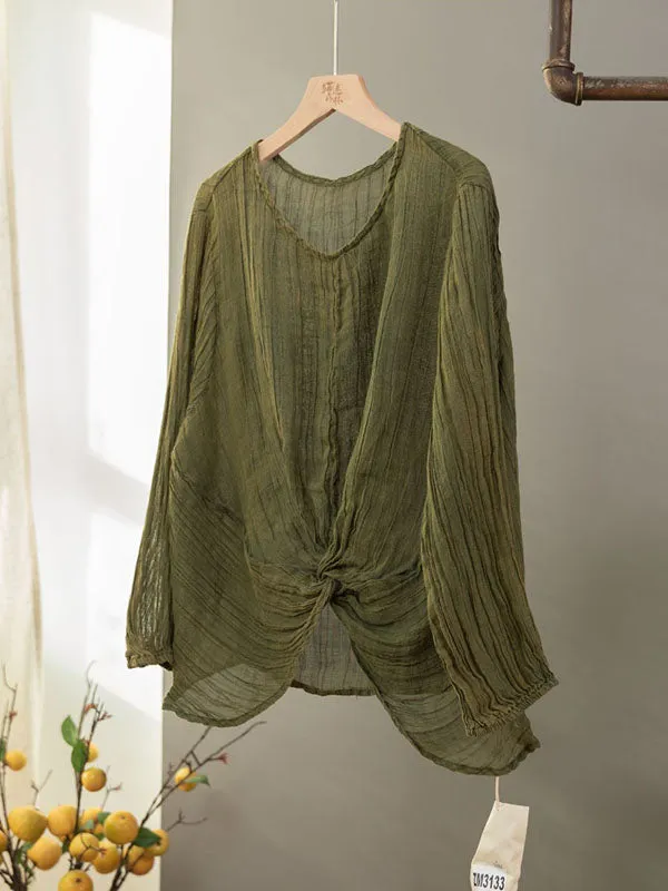 Pleated Solid Color Long Sleeves Loose Round-neck Blouses&shirts Tops