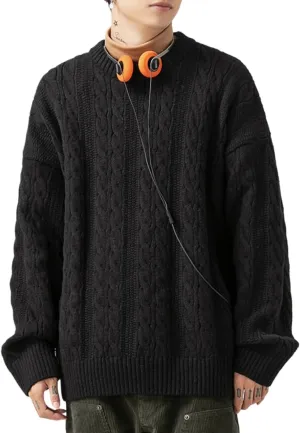 POHADON Mens Vintage Cable Knit Sweater Vintage Chunky Crewneck Long Sleeve Oversized Pullover 2025 Fall Winter Sweatshirts