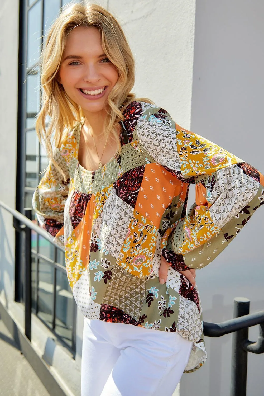 Priceless Smile Balloon Sleeve Scoop Neck Blouse