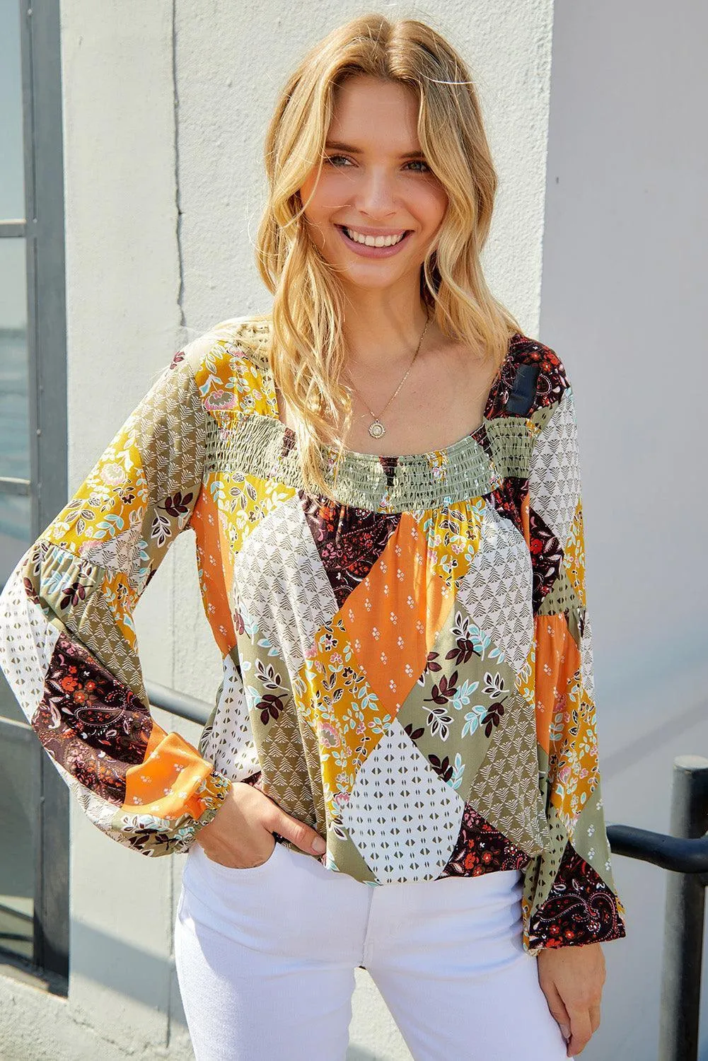 Priceless Smile Balloon Sleeve Scoop Neck Blouse