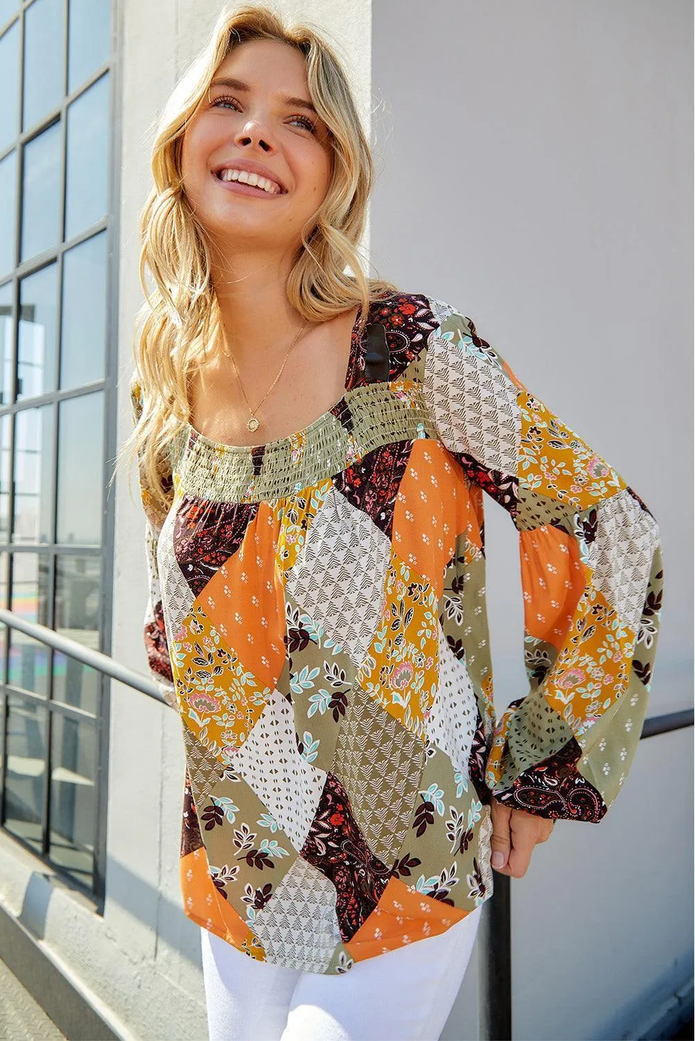Priceless Smile Balloon Sleeve Scoop Neck Blouse