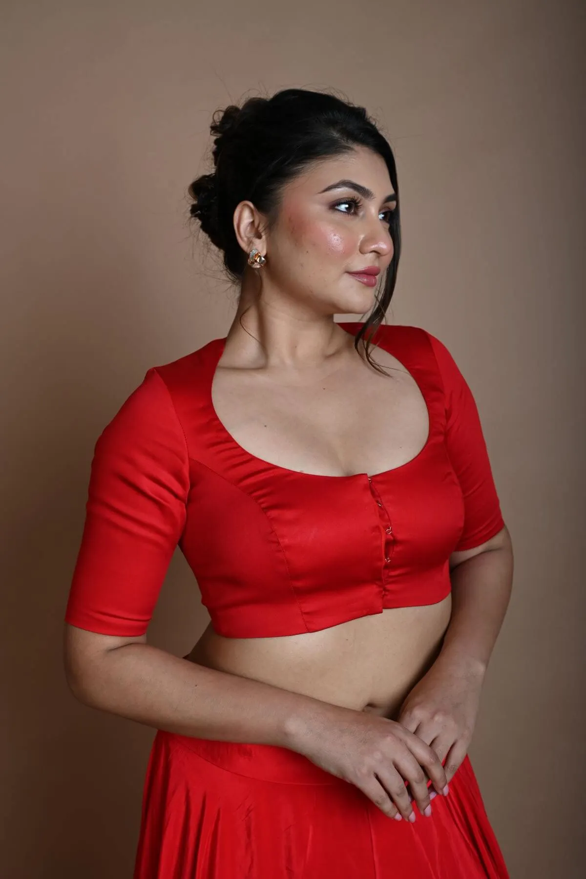 Red Round Neck Blouse in Cotton with Half Sleeves