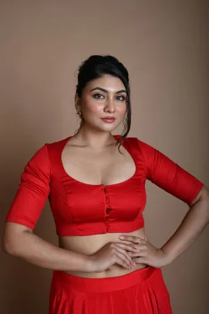 Red Round Neck Blouse in Cotton with Half Sleeves