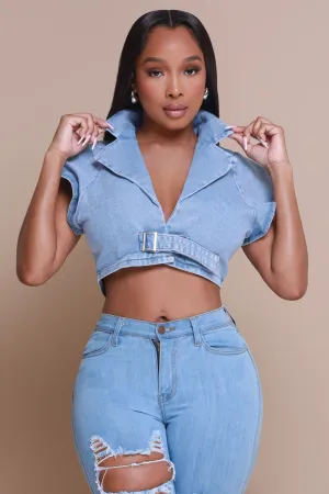 Rock The Boat Cropped Denim Jacket - Blue