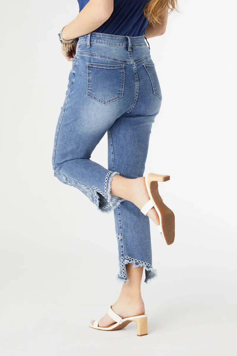 Slant Bottom Embroidered Crop Jeans