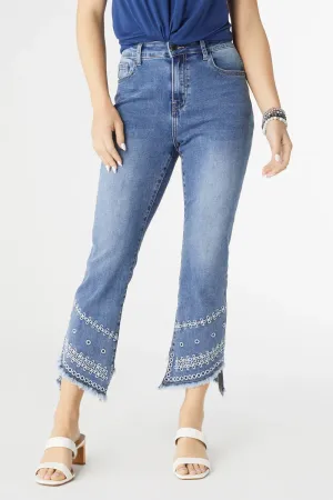 Slant Bottom Embroidered Crop Jeans