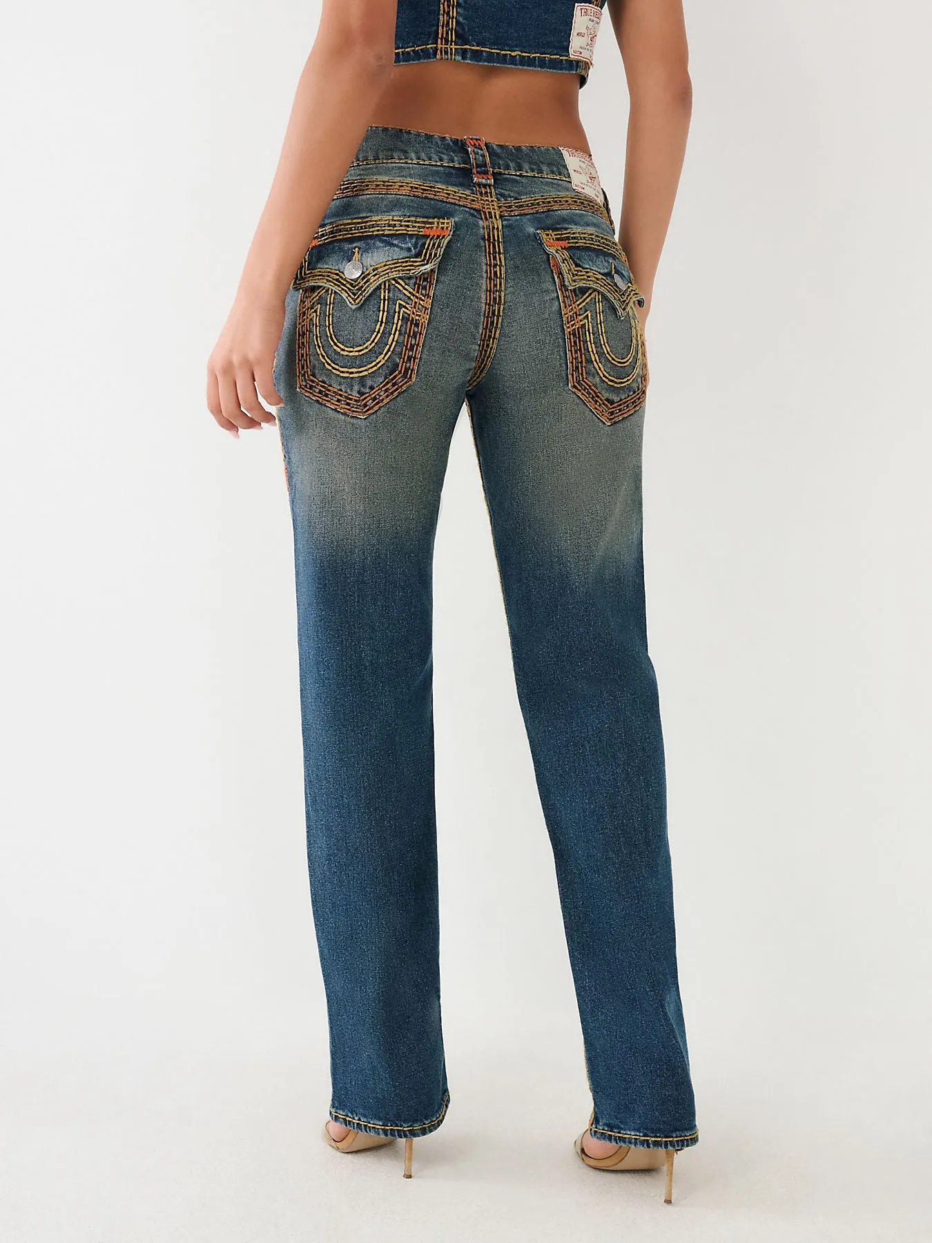 True Religion Womens Super T Ricky Relax Straight Fit Blue Mid Rise Jeans