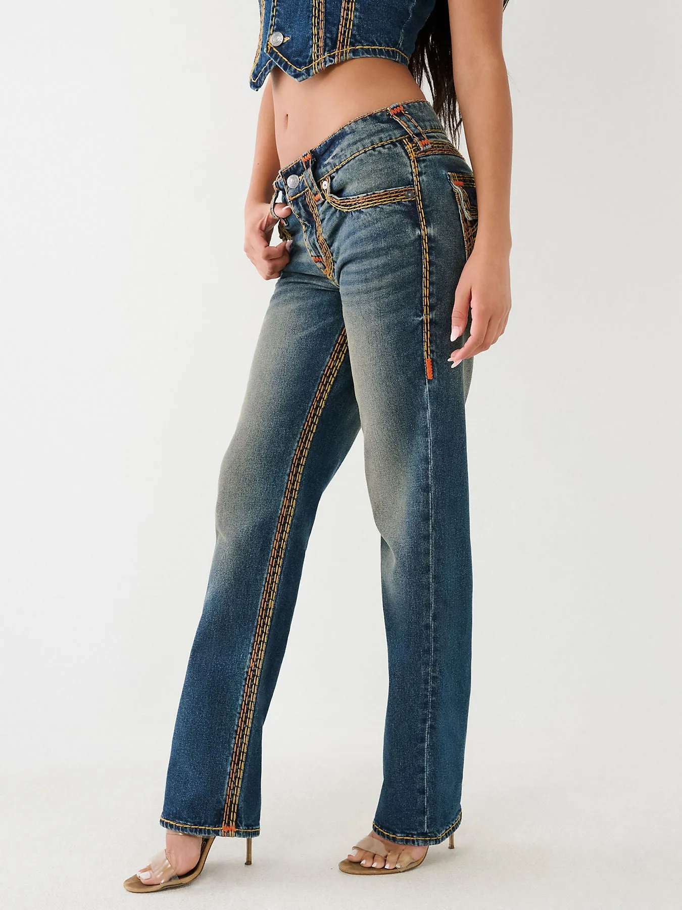 True Religion Womens Super T Ricky Relax Straight Fit Blue Mid Rise Jeans