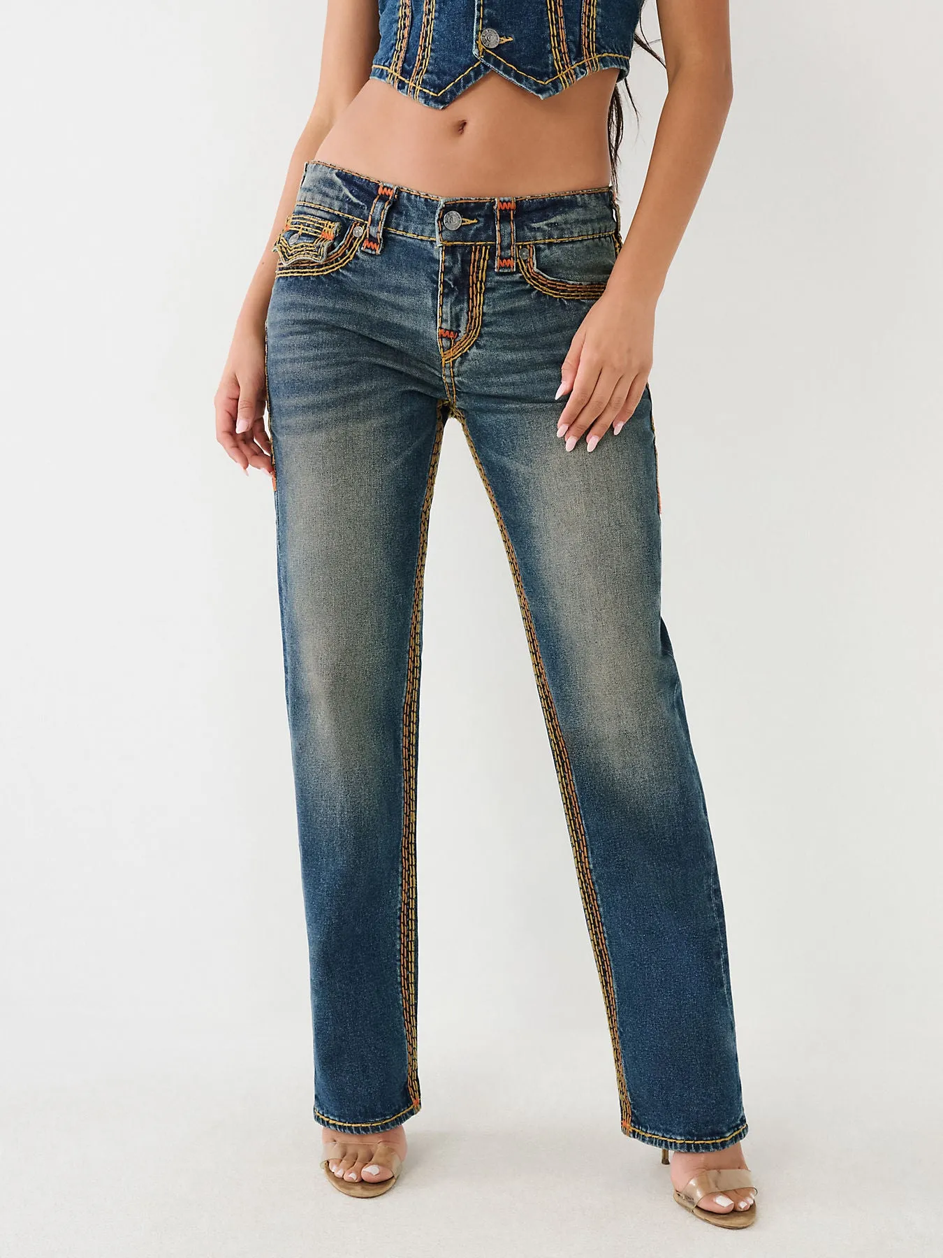 True Religion Womens Super T Ricky Relax Straight Fit Blue Mid Rise Jeans