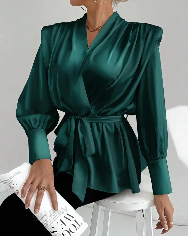V Neck Long Sleeve Ruched Tied Detail Blouse Top With Shoulder Pad
