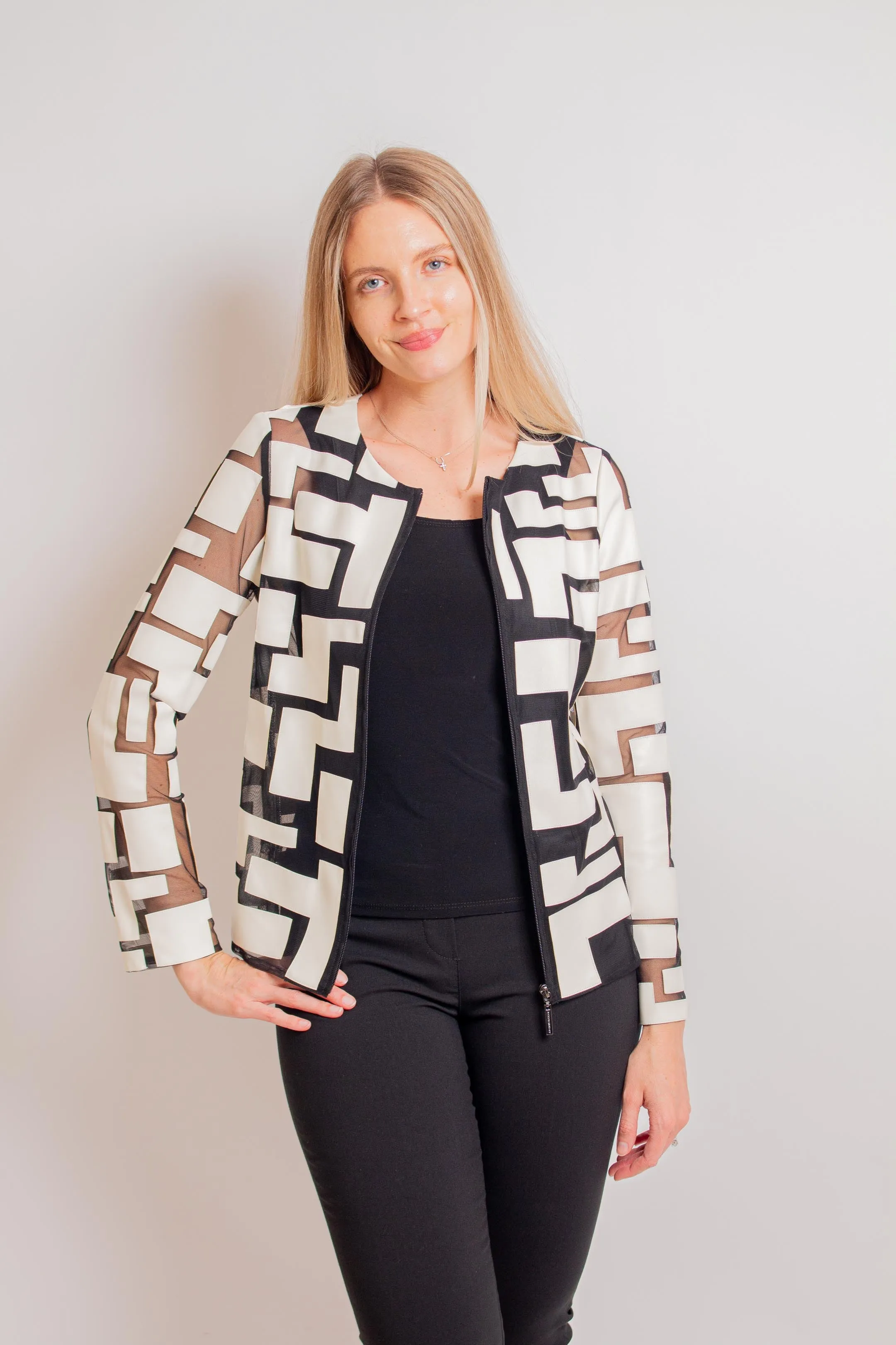 Vanilla/ Black Geometric Zipper Closure Jacket
