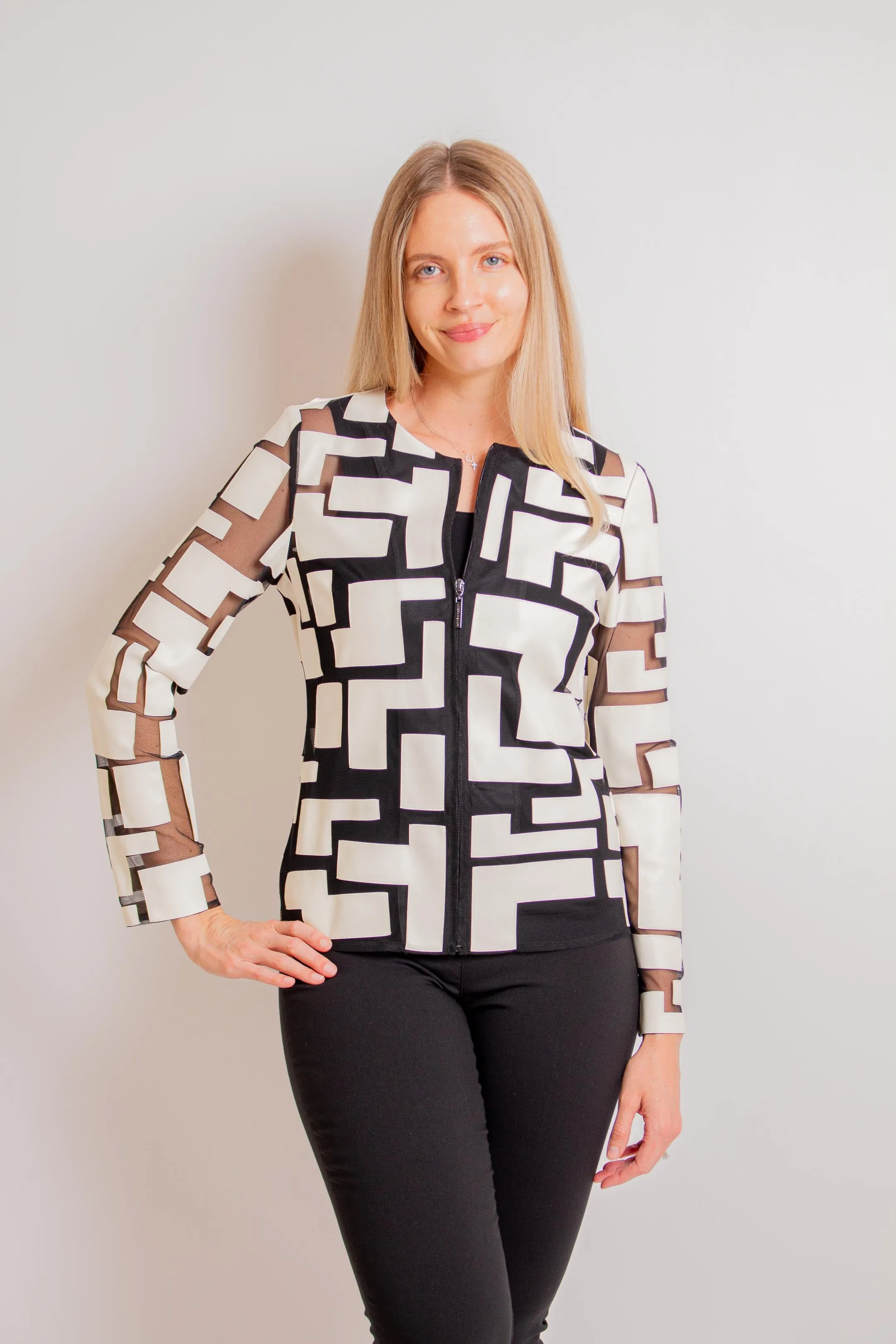 Vanilla/ Black Geometric Zipper Closure Jacket