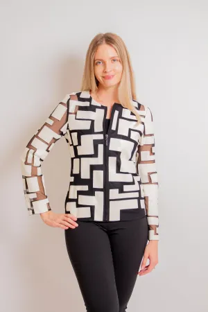 Vanilla/ Black Geometric Zipper Closure Jacket