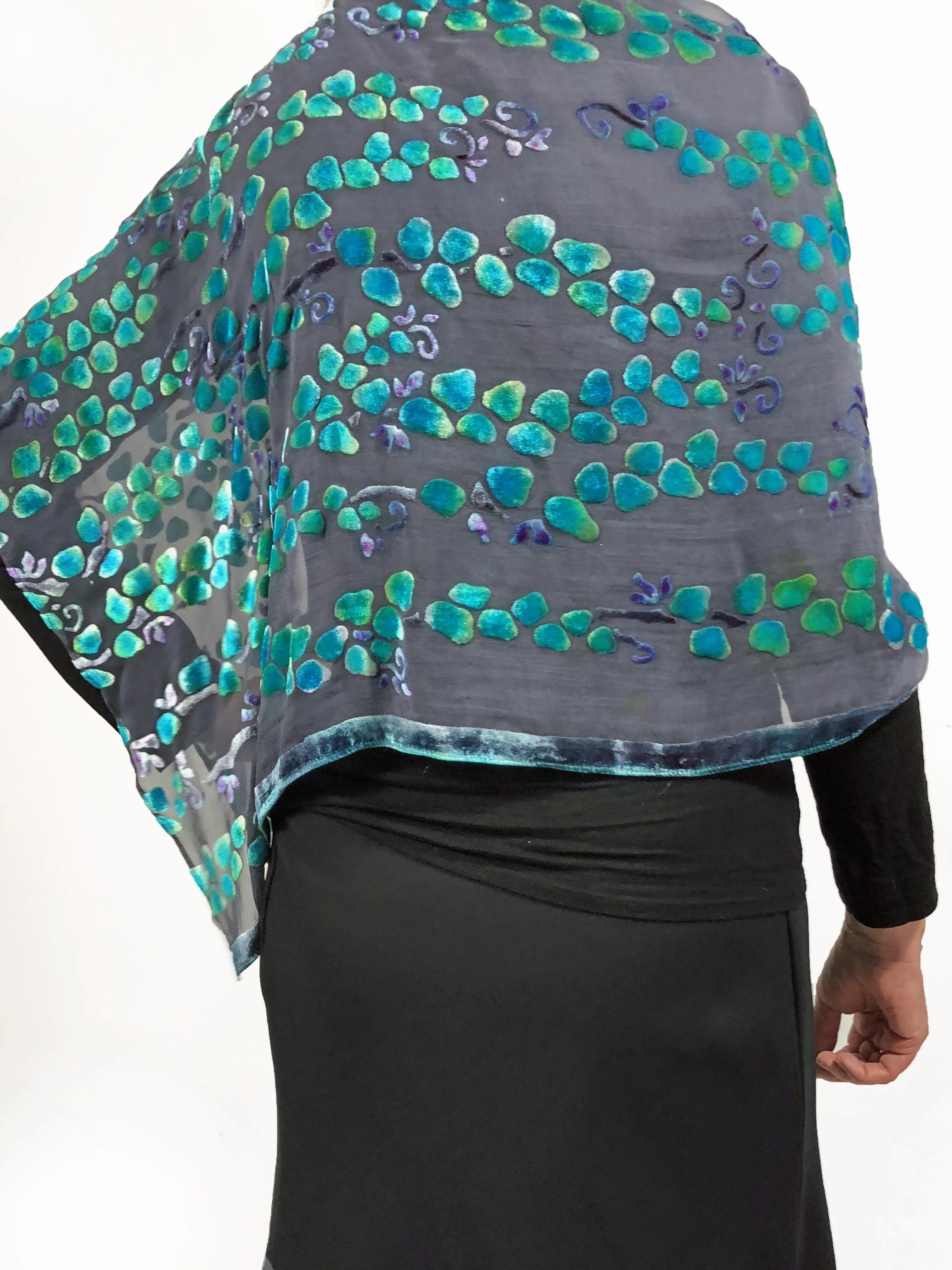 Velvet Versatile Poncho/Scarf in Black with Turquoise.