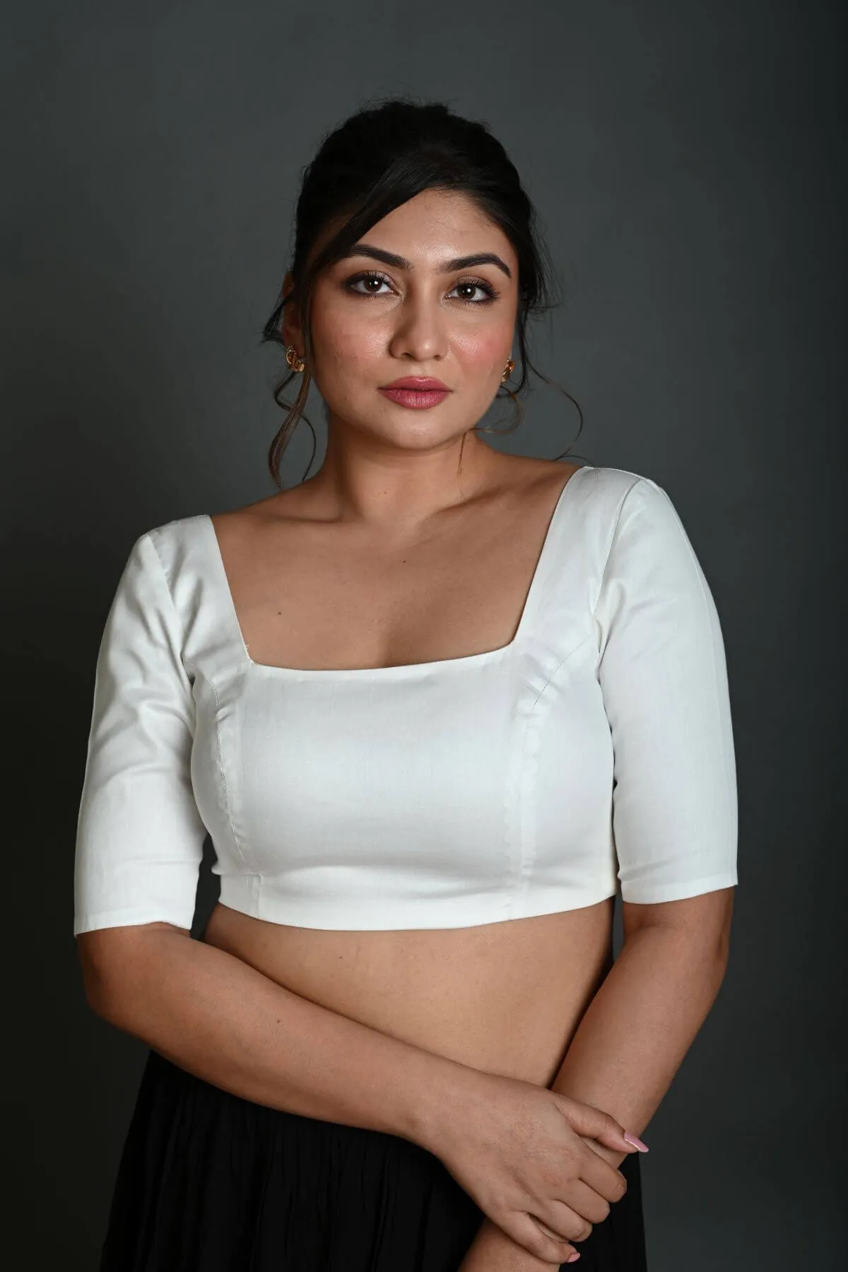 White Half Sleeve Blouse in Cotton with Square Neckline