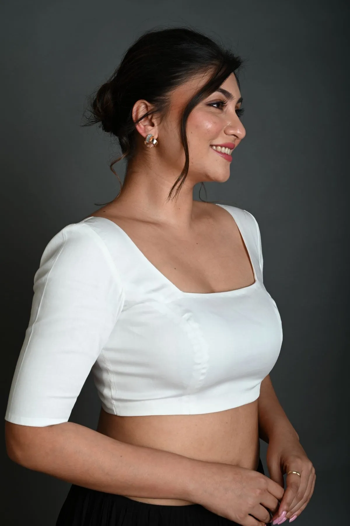 White Half Sleeve Blouse in Cotton with Square Neckline