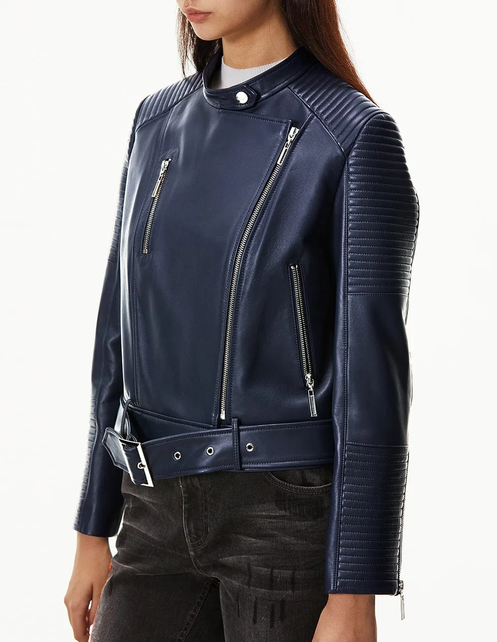 Women Metal Zipper Leather Biker Jacket