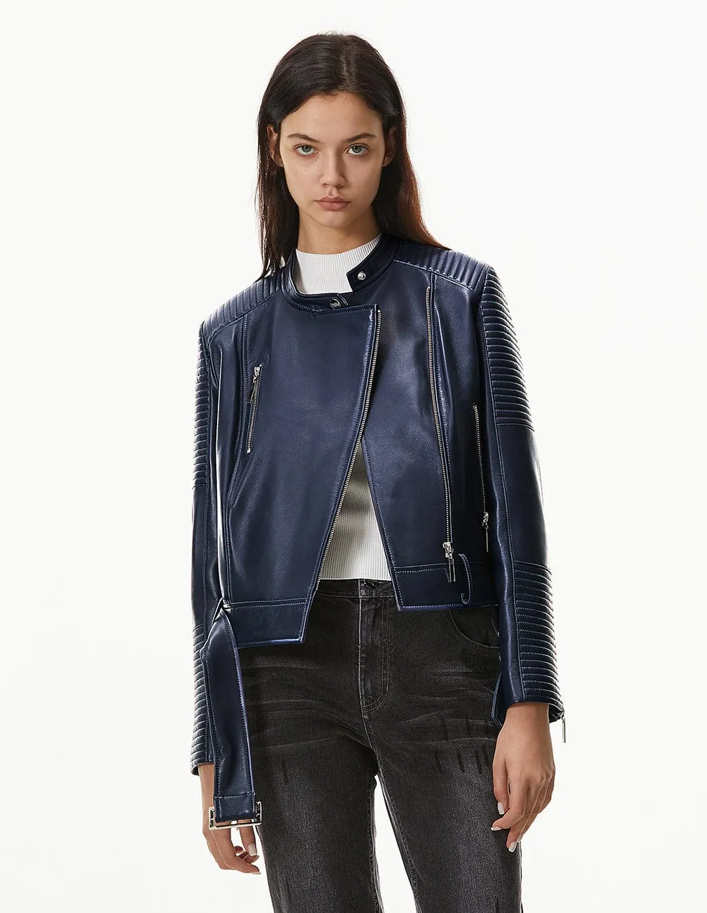 Women Metal Zipper Leather Biker Jacket