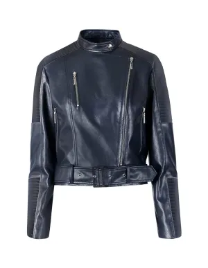 Women Metal Zipper Leather Biker Jacket