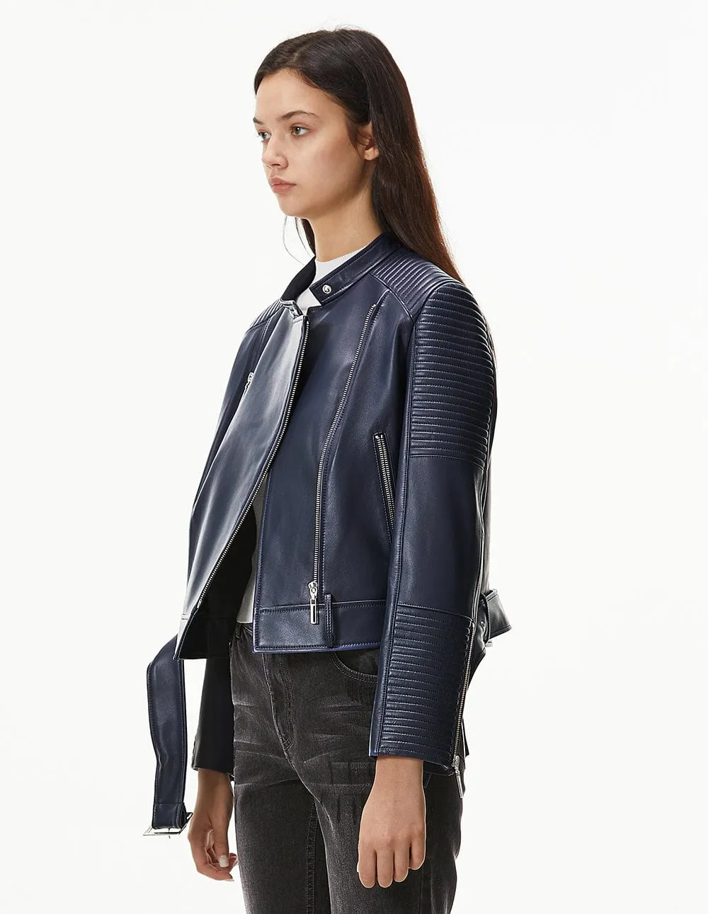 Women Metal Zipper Leather Biker Jacket