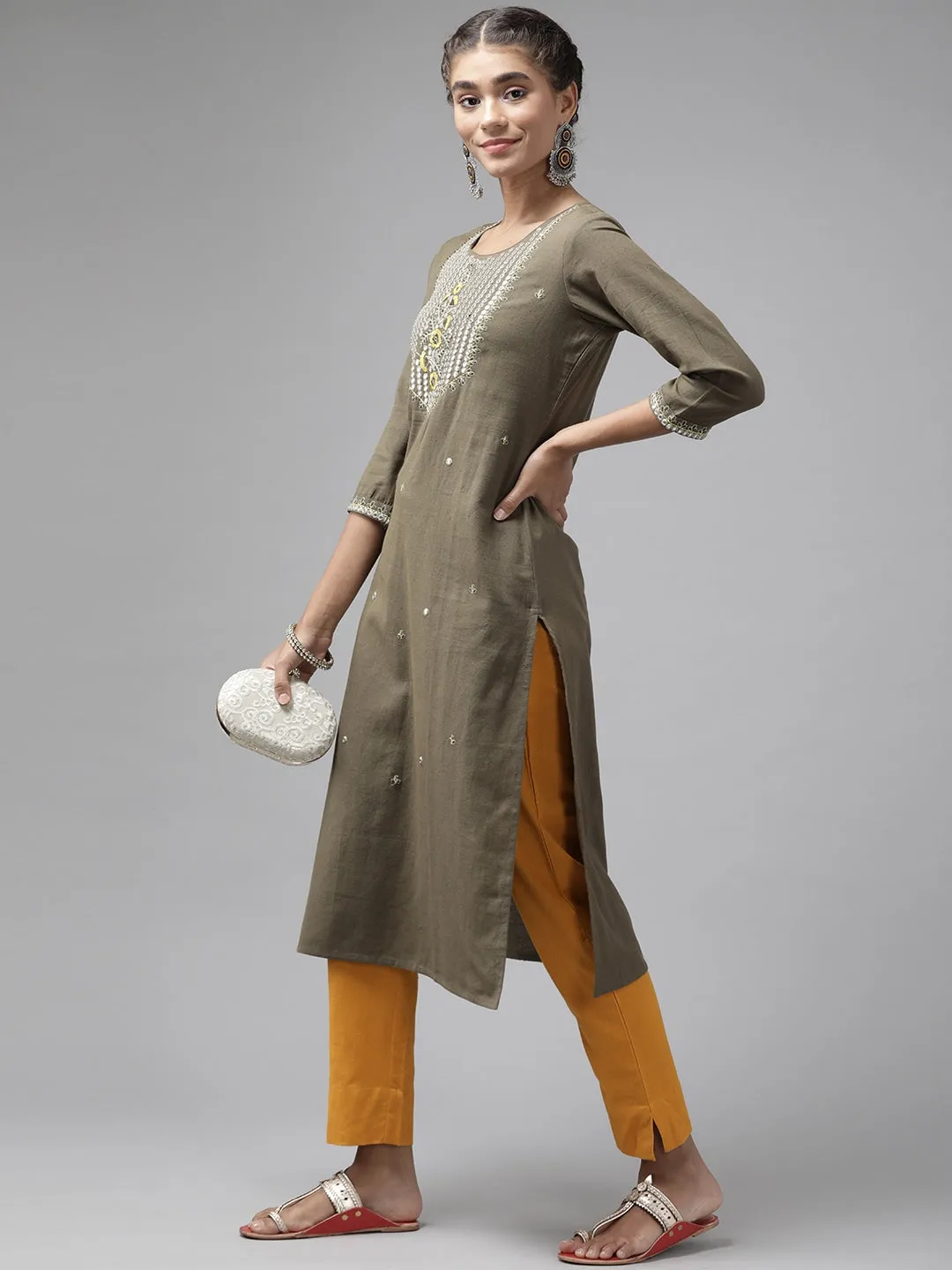 Yellow Cotton Fit Trousers